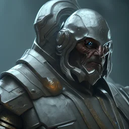 Epic Character design, strong Male void soldier wearing metal armor silver/black/dark gold, mist, photorealistic, octane render, unreal engine 5 style, ultra detailed, volumetric lighting, Dark Alien planet, old man with helmet scarred face with beard