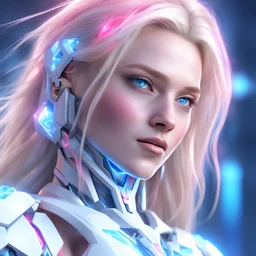 A beautiful blond cyborg happy girl with long hair, white and pink and blue crystalline clothes, luminous, high detail, realistic photo, digital painting, cinematic, stunning, hyper-realistic, sharp focus, high resolution 8k, insanely detailed