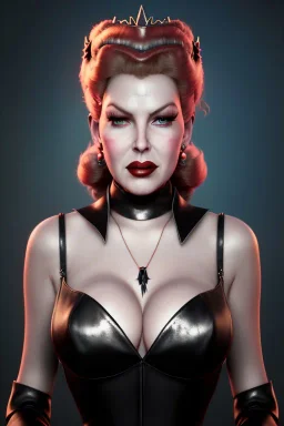 Lana Turner as evil queen in black leather, leather, busty, cleavage, angry, stern look. character design by cory loftis, fenghua zhong, ryohei hase, ismail inceoglu and ruan jia. unreal engine 5, artistic lighting, highly detailed, photorealistic, fantasy