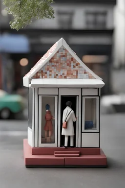Minimalistic solid colored porcelain clay miniature figurine of vacant and empty street commercial walk-in kiosk, covered with mosaic. Contemporary urban art gallery context. Silver ratio proportions composition, 7 centimeters height, semi-height wide shop windows and door, small square window for cash in facade, on legs, circa 2000, flat roof, one-story, one-room. Inspired by Bruno Munari, Benetton, gestalt theory, geometry of Castel del Monte, brutalism, synchronism
