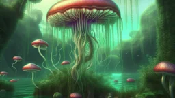 floating alien mushrooms with jellyfish tentacles, rampant foliage, and vines, next to a lake, photorealistic, Intricate Detail"