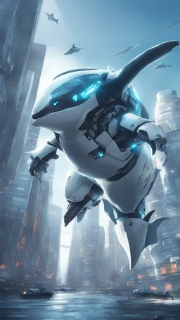 a picture of cyber shark that is flying in the city, cyborg whale, anno 2070, modern mecha anime, aeromorph, stunning sci-fi concept art, male robotic anthro orca, robotic anthro dolphin, cgsociety ), mecha anthropomorphic penguin, from arknights, cool mecha style, futuristic art style, mecha art