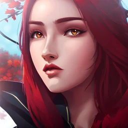 mysterious youthful Russan female, man, dark and intriguing, confident, intense, handsome, anime style, retroanime style, red long hairs, white woman, Naruto Head Protector in right hand