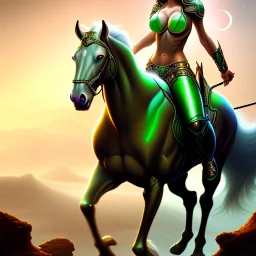 fullbody portrait of beautiful busty with big green eyes woman riding a horse by Boris Vallejo 8k