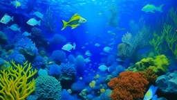 A blue underwater coral reef with fish painted by Karl Wiener