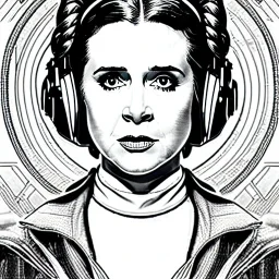 hyper detailed, black and white, thin line, coloring book illustration, lineart, stunningly beautiful princess leia, jim lee