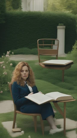 Empty chair of an academic in a garden [snapshot of Russian Doll TV series by Natasha Lyonne, Leslye Headland, and Amy Poehler, (2019)] In front of the chair, there a book of mathematics on the chair in the middle of a French garden