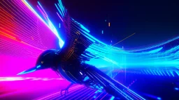 A futuristic digital illustration showing a glowing belt made of neon lights, with binary code running along its length. A robotic bird with mechanical wings hovers nearby, its eyes glowing with artificial intelligence. The scene is set in a virtual reality world filled with floating geometric shapes and digital landscapes. The overall aesthetic is sleek and high-tech