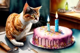 Cat is having a birthday cake. Highly detailed, smooth colours, realistic landscape. Aquarell