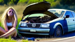 man and crying lady sit in front seat of broken down jetta on side of the road