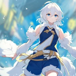 Clear focus, High resolution, rough line sketch art, short fluffy white hair, hair between eyes, fluffy hair, blue eyes, wearing a sleeveless shirt, wearing shorts, detailed outfit, lots of details, bow on belt, white belt, white and blue everywhere on outfit, cut sleeve, yellow chains around outfit