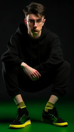 generate a tall guy with green eyes, black short hair, black rectangular glasses, plump lips, wide shoulders, in a black sweatshirt, black pants with pockets on the hips, yellow short socks, in black sneakers, wide shoulders, the guy is crying