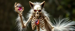 Werewolf Skeleton with lotsa fluffy fur holding gemstone talisman