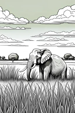 Black and white outlined elephant seated on marshy grassland