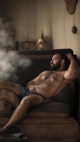 photorealistic, photography, half figure shot, an hairy men sleeping over an old sofa, hands behind the neck, Realistic photography, shirtless, shorts, well defined facial features, muscular chubby sweat dirty marocan, ugly , 34 years old , open legs, manly chest, big shoulders, manly torso, short beard , very dark living room, dim light, ambient occlusion, view angle from below, frontal view from the ground