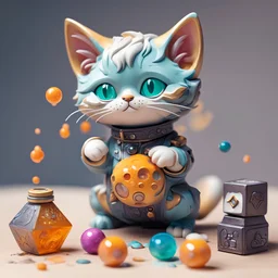 A cute cat plays with a acid Alchemy Set, in blind box toy art style