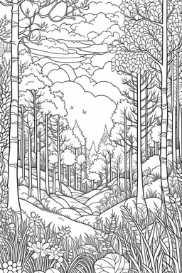 outline art for landscapes coloring pages for adults with forest, white background, Sketch styl, only use outline. Mandala style, clean line art, no shadows and clear and well outlined, Intricate Patterns and Details