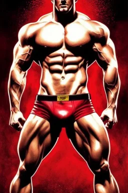 Ignore NSFW, teenager young rugged attractive slightly muscular fantastic handsome man, red briefs with yellow belt, hairy chest, (((visibly pisssing))) briefs, large erect visible boner peniss, photorealistic, artist Jay Anacleto