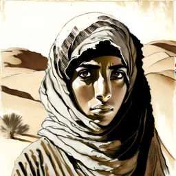 A portrait of a young Arab woman in a head covering standing in the desert looking into the camera painted in loose brushstrokes as a drypoint