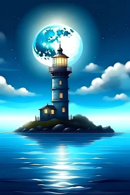 Create 2d Digital Arts of light house in the sea and moon is shinning and sky light are reflect the light house