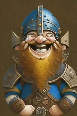 Book of Kells style dwarf with a helmet smiling