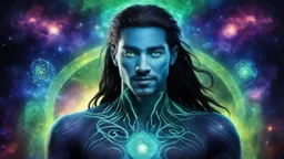 beautiful gorgeous young man na'vi with long hair, Avatar, blue skin, two small ears, green eyes, black hair, in cosmic suit, galactic ambiance, medium pointy goatee , smiling, nebulas and sacred geometry light figures on the backgroud,