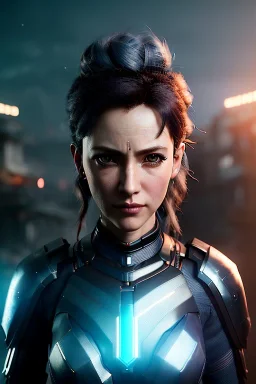 Middle age female Cyborg anime warrior, orange eyes, gray hair with dark blue hair, ponytail hairstyle, waist up portrait,4k resolution, intricate details, ornate details, soft lighting, vibrant colors, retroanime, masterpiece, intricate eyeliner, dark eyeshadow, futuristic cityscape background