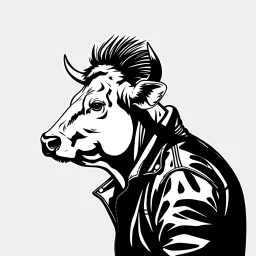 side silhouette of a cow with a mowhawk wearing a leather jacket, black and white vector