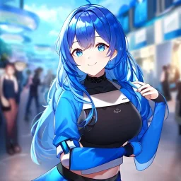 Clear focus,High resolution, Vibrant short blue hair, Vibrant blue eyes, Wearing a black short skirt,black crop top sleevelss,blue cut sleeves,black fingerless gloves, Smiling,Long bangs