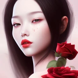 a teenage Asian girl blessed with beauty so flawless and enchanting. Lips red as the rose, hair black, and skin white as snow describes her most notable features, red lips and rosy cheeks. 3D human portrait, raytracing, volumetric light.