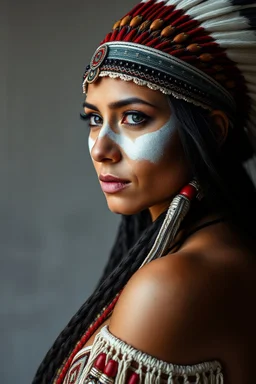 Traditional Native American , full body side view, looking at the viewer, white make up on her face, , traditional si, studio photograph, very aesthetic, highly detailed, brilliant composition, hyper realistic, photorealistic, subsurface scattering matt painting