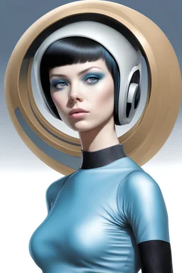 ProtoVision - Absolute reality -- facial portrait -- an absolutely stacked, thin, petite, little female, who resembels an emo Spock, with great big giant bazoombas, short, military-cut, buzz-cut, pixie-cut black hair tapered on the sides, bright blue eyes, wearing short sleeved, nylon, Turtleneck half shirt, blue jean mini shorts, heavy, black fishnet stockings, punk rock styled, platform boots, red lipstick, dark, emo, eye makeup, a black and gray gradated wall with fog in the background