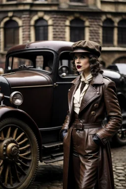 young woman with straight shoulder-length hair, dressed in brown leather trousers and waistcoat, leather gloves and a fascinator in an old industrial courtyard, next to a steampunk steam car