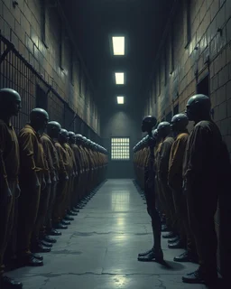 Bosch painting style, nightmare , a prisoners lined up in line one after another inside a prison yard , an Ai robot is watching them , great quality picture with cinematic scenes ,