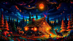 a neon psychedelic cabin all alone in the vast wilderness. smoke coming from the chimney. mushrooms scattered all around the cabin! rare animals around and a gorgeous neon sky. millions of tiny stars in the night sky. a cozy warm feeling. bears, owls, deer, fox elk. neon streeks across the nebulous sky. a campfore surrounded by mushrooms and fairys