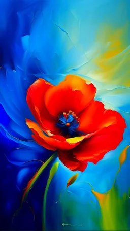 abstract painting of a poppy in bold red, orange, and blue tones, dynamic brush strokes, ocean background hinted through color layers, expressive and elegant modern art, oil paint texture, --ar 4:5 --v 6 --style raw --quality 2