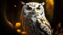 Magical White Owl with amber eyes and golden plumage.