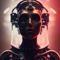 a girl with a cyborg brain and a lot of red liquid, steam punk, scary, horror, realistic, made in octane, cinematic, ultra-realistic, extremely detailed octane rendering, 8K, VRAY Super Real ar 2:3, dof photorealistic futuristic 50mm lens hard lighting dark gray tintype photograph, realistic lighting, sephia colors