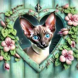 A chocolate point Oriental shorthair siamese kitten peeks out from a heart-shaped opening in a weathered turquoise door,surrounded by delicate pink flowers & green vines.The kitten's large,expressive eyes & soft fur create a charming & whimsical scene.realistic watercolor illustration vampiress, gothic attire, moonlit, alluring grin