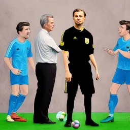 Leonardo DiCaprio in a referee jersey officiating for a soccer match at Wembley Stadium