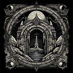 A metal band logo for The Fold Path stylized as ancient mystical ruins with gateways, dimensional rifts, and subtle occult entities threaded throughout the interconnected typography.