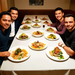 dinner table with large family seated with large white plates in front of them with incredibly small minimal portions of gourmet fusion foods, haute cuisine, photorealism, HD,