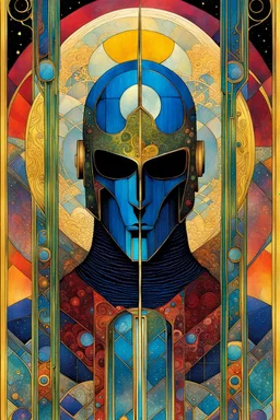 Create a chaotic abstract cubist Tarot Card depicting an ornate, The Knight of Swords , with highly detailed facial features, in the style of Bill Sienkiewicz, Philippe Druillet, Gustav Klimt, and Jean Giraud Moebius, precisely drawn, colored and inked, with ornate bordered edges