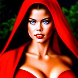 Ultra detailed fullbody Portrait in oil on canvas of young Denise Richards as busty Red Riding Hood wearing minimal skintight suit,intense stare,wearing tight corset,extremely detailed digital painting, extremely detailed face,crystal clear Big eyes, mystical colors ,perfectly centered image, ,perfect composition, rim light, beautiful lighting,masterpiece,16k, stunning scene, raytracing,anatomically correct, in the style of robert e howard and Ken Kelley and Ohrai Noriyoshi and Simon Bisley