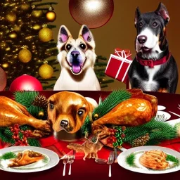 Dogs eating Christmas dinner with alien lion and floating ball, and exquisitely decorated turkey and HR giger alien