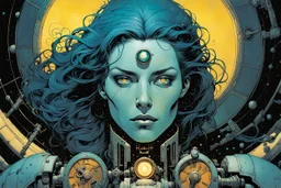 create an ethereal, otherworldly robotic female time traveler , in the comic book art style of Mike Mignola, Bill Sienkiewicz, and Jean Giraud Moebius, with highly mechanical parts and feminine facial features , finely inked , dramatic natural lighting