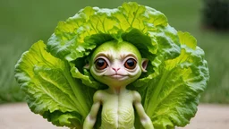 A photograph of a creature resembling a fusion of a small humanoid and fresh green lettuce leaves. Its head is adorned with large lettuce leaves mimicking hair. Wide, round eyes show curiosity and its skin has leafy patterns. Limbs and torso look like lettuce stalks. Set against a green bokeh background with a garden hint, ambient light highlights its textures.