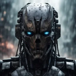 ominous rainy atmosphere. a close up portrait of a dark, evil combat robot. it's from 10000 years in the future. photorealistic. predator meets the matrix meets the Borg. armour plates. targeting components, weapon systems. it's approaching you from the shadows. it's battle damaged. some burn marks and bullet holes. incredibly ominous. one eye is a laster targeting device. a round photoframe in similar style surrounds the portrait.