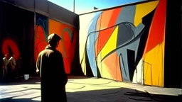 abstract painting,A strange look, use flat bright colors displayed art, Charcoal, Metallic Ink: merging into walls of shadow., refugees, conformity, Analogue film photo, , 1950s, candid, retro analog, 35mm film, film grain,