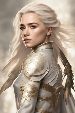 fallen female Aasimar cleric, white hair and golden eyes with hellish wings florence pugh like